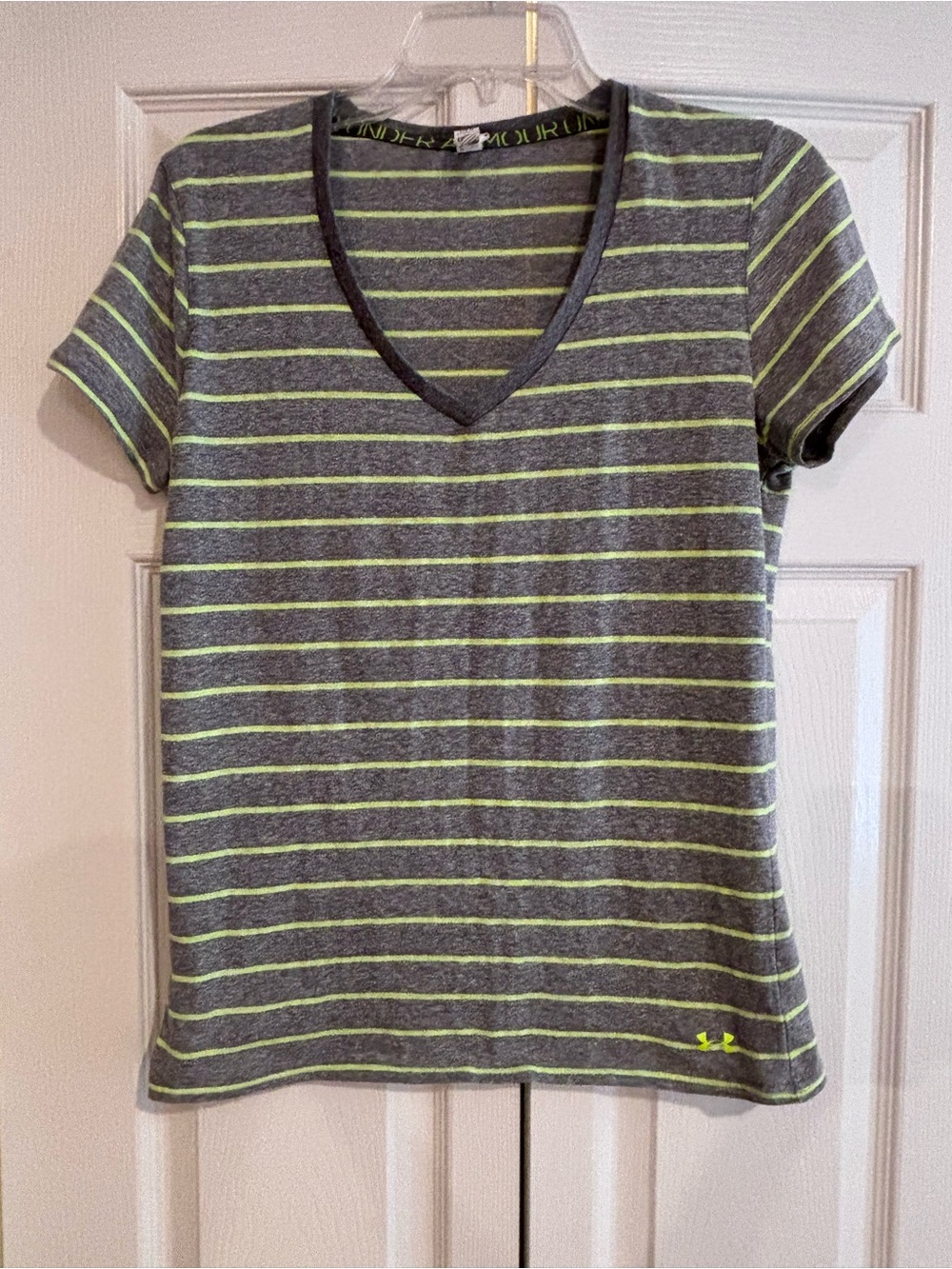 Under Armour Gray with Neon Yellow Striped V-Neck Tee